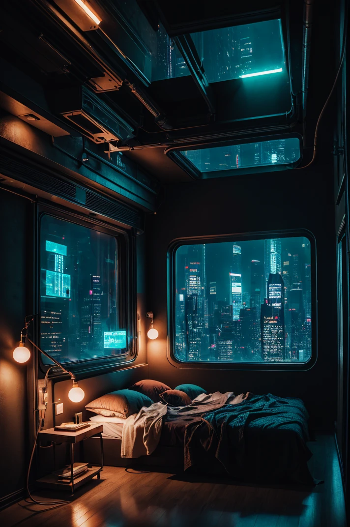 a bedroom, neon lights, dim light, futuristic, orange light, cable, electricity, ornate, detail, windows with skyscrapers, science fiction, blue purple neon, <lora:ARWCyberpunkInterior:1>