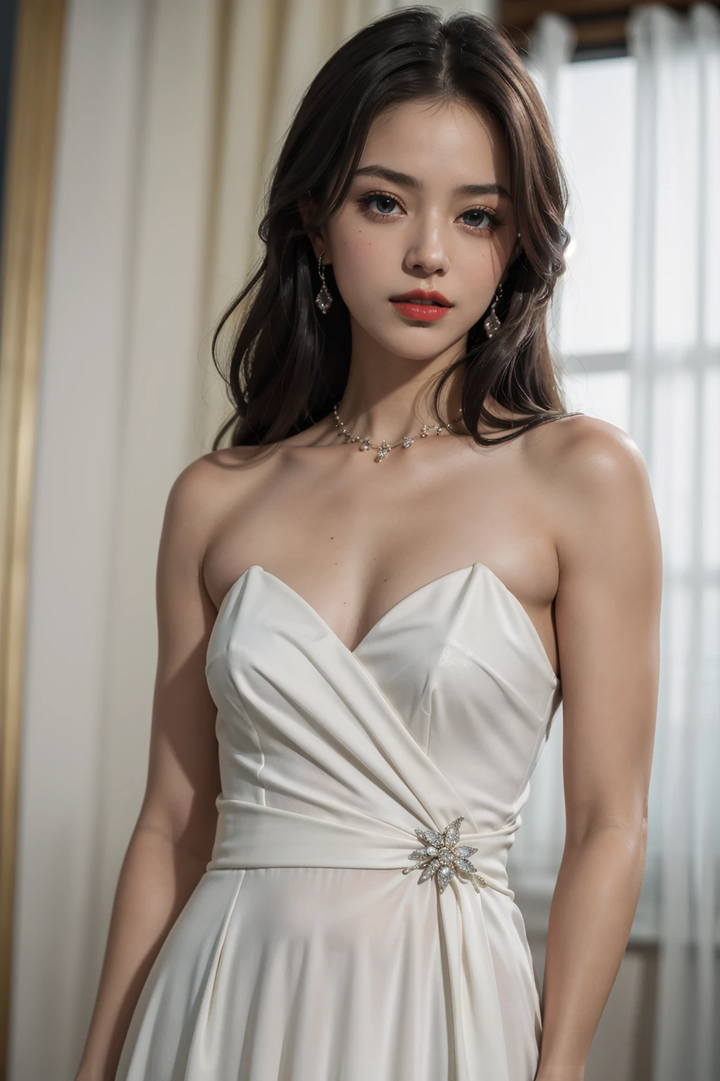 (8k, RAW photo, best quality, masterpiece:1.2), (realistic, photo-realistic:1.2), ultra-detailed, Classic Hollywood glamour, girl in a stunning white evening gown, small, dazzling accessories, (captivating eyes, red lips, flawless skin), luxurious backdrop, (white velvet curtains), dramatic pose, interesting composition, spotlight illumination, rich shadows, shallow depth of field, sparkling bokeh, exquisite details, high-resolution, 50mm film, timeless elegance <lora:clarityAndTuningSkin_v1:0.8>