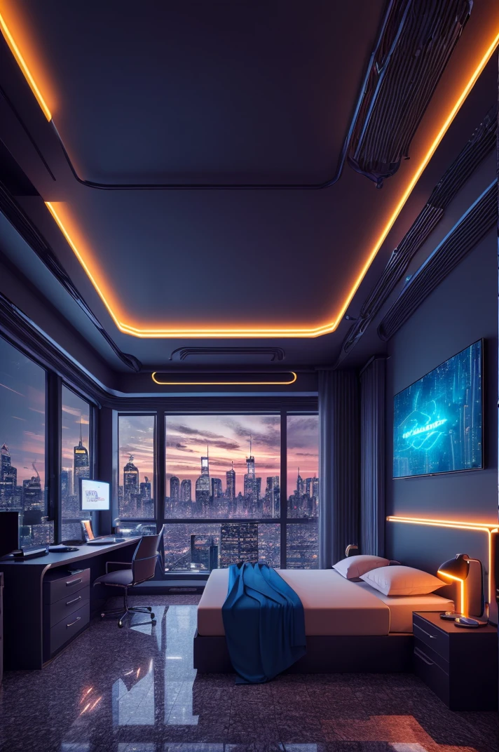 a bedroom, neon lights, dim light, futuristic, orange light, cable, electricity, ornate, detail, windows with skyscrapers, science fiction, blue purple neon, <lora:ARWCyberpunkInterior:1>