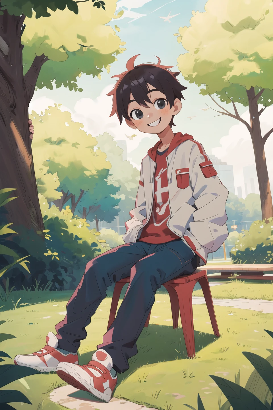 masterpiece,best quality,boys,sitting,park,smile,hand in pocket,looking at viewer