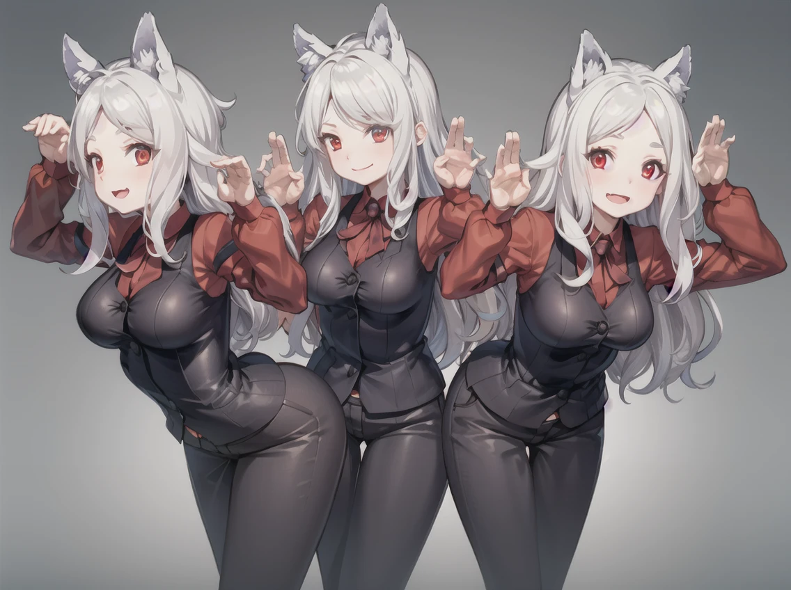 masterpiece, best quality, standing, 3girls,
<lora:cerberus:0.8>, cerberus\(helltaker\), demon girl, long hair, white hair, red shirt, dog girl, bunny ears, red shirt, black vest, (black pants:1.1),
<lora:Ver2-10:1>, arms up, rabbit pose,