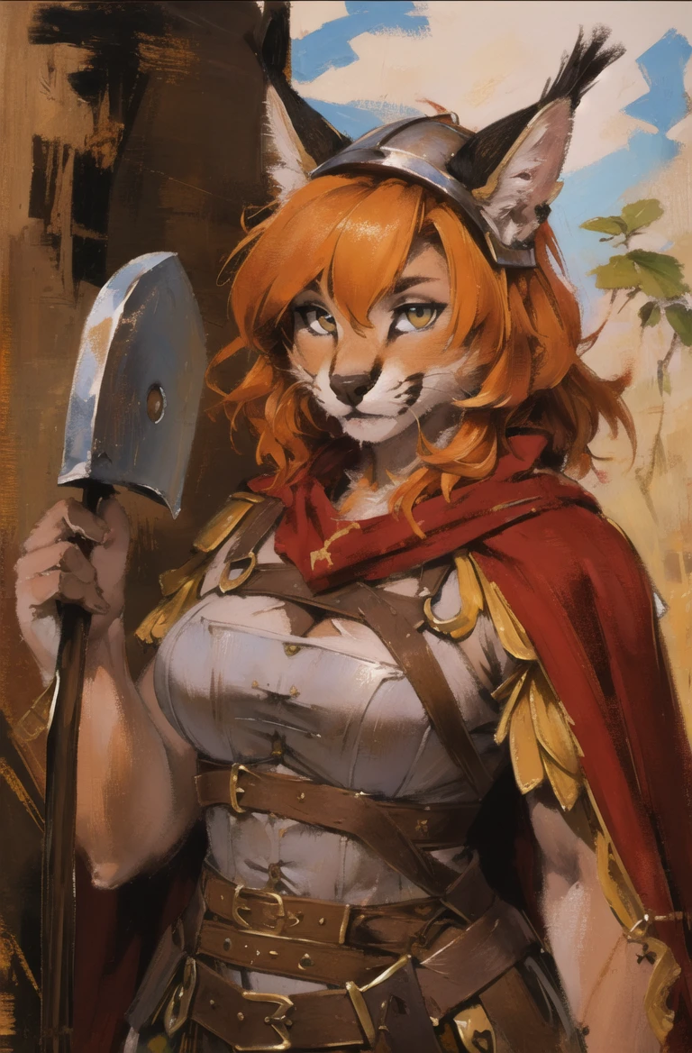 absurdres, highres, ultra detailed, masterpiece, cel shading,africa,cowboy shot
furry girl,caracal,long orange hair,shiny hair,(high detail fur:1.2),solo,,oil painting,traditional media
looking at viewer,female romanarmy warrior with helmet on and red cape,holding war axe
 <hypernet:furry_kemono:0.5><lora:Caracal:0.7> <lora:ankamaV2:0.3>  <lora:Oilpainting:0.7> <lora:ARWromanarmy:1>