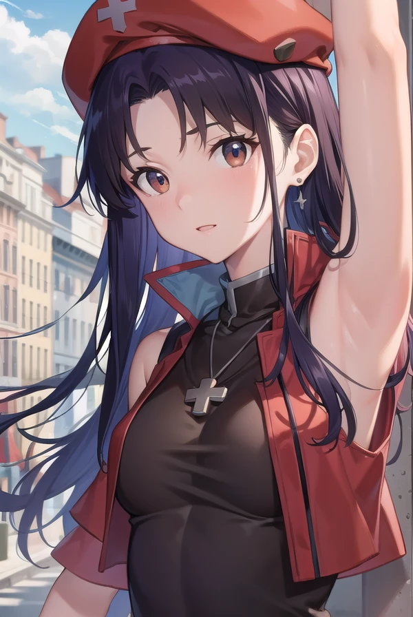 misatokatsuragi, <lora:misatokatsuragitest:1>,
misato katsuragi, long hair, (brown eyes:1.5), blue hair, purple hair,
BREAK hat, dress, bare shoulders, jewelry, jacket, earrings, open clothes, sleeveless, necklace, black dress, open jacket, sleeveless dress, beret, short dress, cross, red headwear, red jacket, cross necklace,
BREAK looking at viewer,
BREAK outdoors, city,
BREAK <lora:GoodHands-vanilla:1>, (masterpiece:1.2), best quality, high resolution, unity 8k wallpaper, (illustration:0.8), (beautiful detailed eyes:1.6), extremely detailed face, perfect lighting, extremely detailed CG, (perfect hands, perfect anatomy),