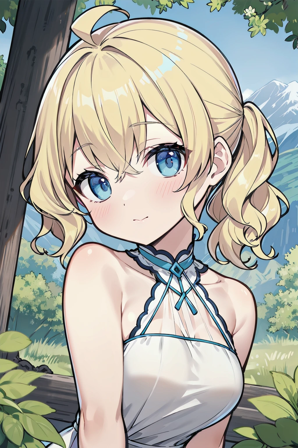 masterpiece, best quality, cute,
medium hair, blonde hair, wavy hair, side ponytail, blue eyes, dress, bare shoulders, medium breasts,
(forest:0.8), mountain, close-up,