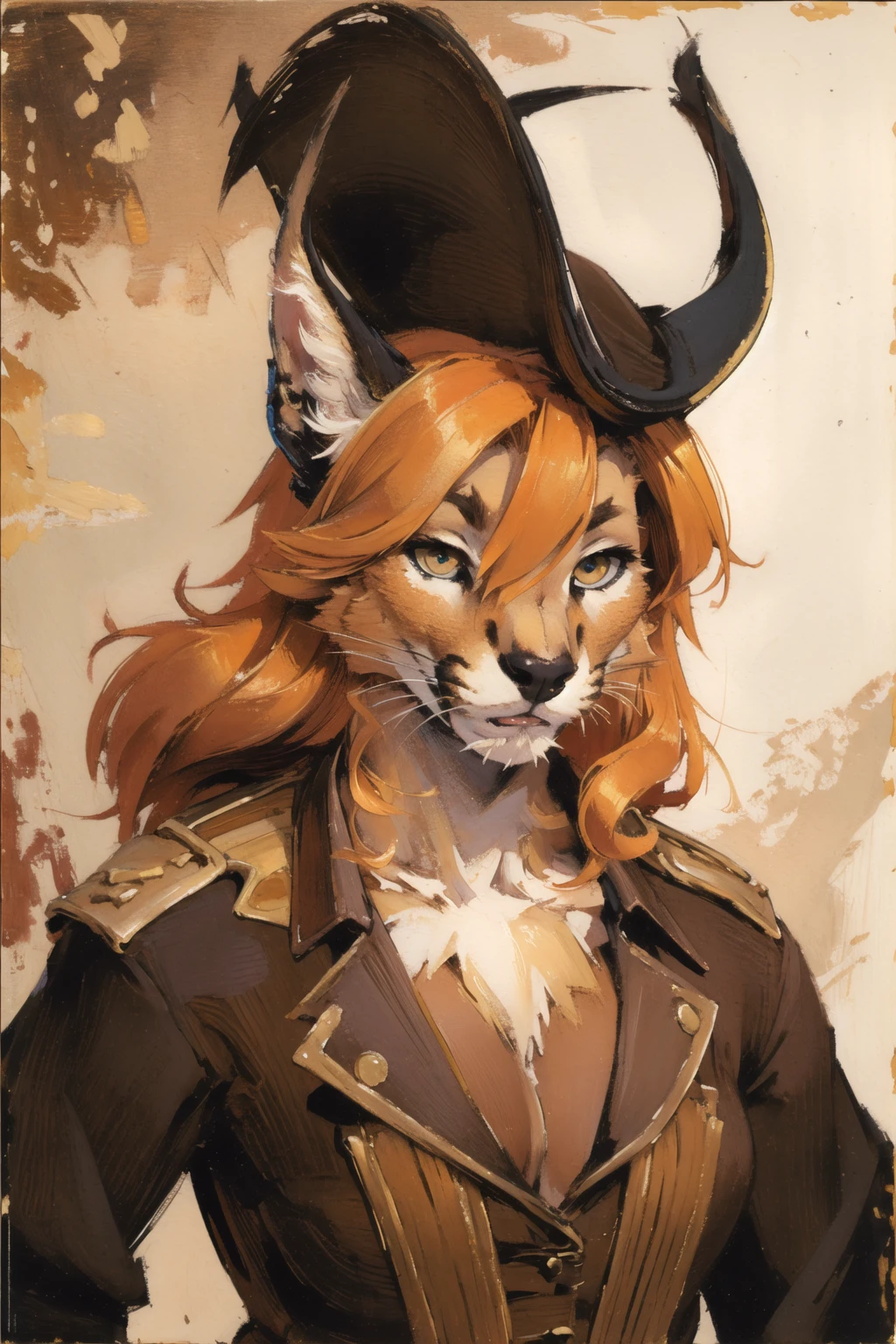 absurdres, highres, ultra detailed, masterpiece, cel shading,africa
furry girl,caracal,long orange hair,shiny hair,(high detail fur:1.2),solo,18th grenadier,oil painting,traditional media, rifle shoting,tricorn hat
<hypernet:furry_kemono:0.3><lora:Caracal:0.7> <lora:ankamaV2:0.3> <lora:Oilpainting:0.7>