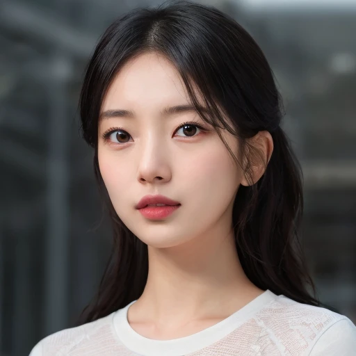 hyper realistic lifelike texture dramatic lighting unreal engine trending on art station, award winning photo, nikon RAW photo,8 k, Fujifilm XT3,masterpiece, best quality, realistic, photorealistic, ultra detailed, extremely detailed face, solo,1girl, standing, fashionable and trendy atmosphere, high-end makeup products, and a stylish expression on her face, close up, t-shirt,