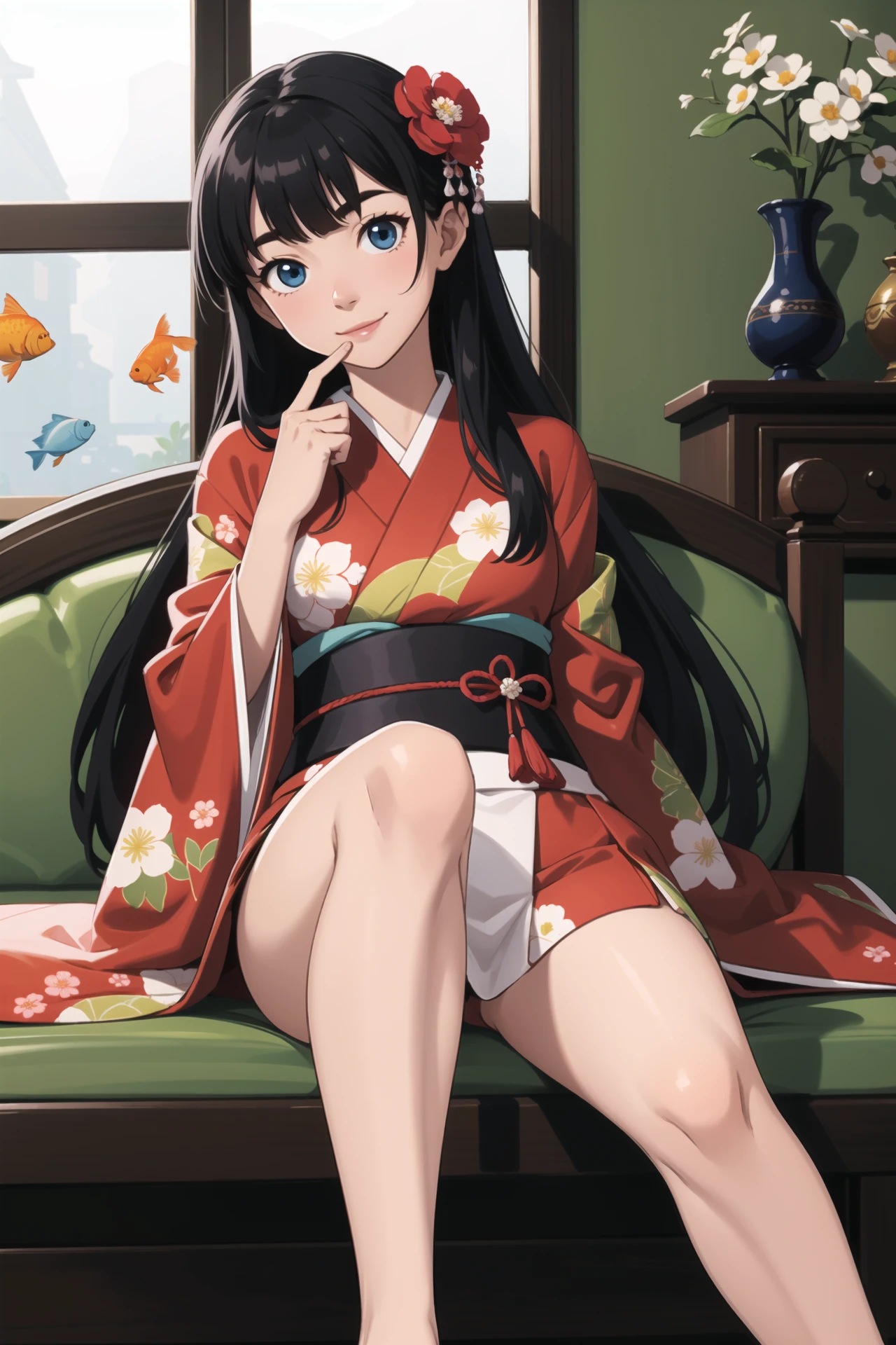 detailed_background,indoors,flower,blunt_bangs,hair_ornament,feet_out_of_frame,tanishi_(tanishi_0403),hair_flower,closed_mouth,goldfish,long_sleeves,very_long_hair,solo,fish,hair_spread_out,floral_print,japanese_clothes,red_flower,fan_hair_ornament,holding,eyebrows_hidden_by_hair,aquarium,long_hair,holding_ball,highres,black_hair,straight_hair,head_tilt,ball,1girl,bare_legs,blue_eyes,smile,looking_at_viewer,kimono,wide_sleeves