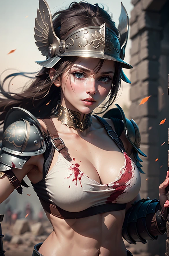 1girl, solo, half upper body of female muscular gladiatorarmor girl, full face helmet, battle arena, long hair, gladiator, full metal armor, ornate, details, blood, debris, realistic, photography, blurry background, softfocus, bokeh,  <lora:ARWGladiatorArmor:1>