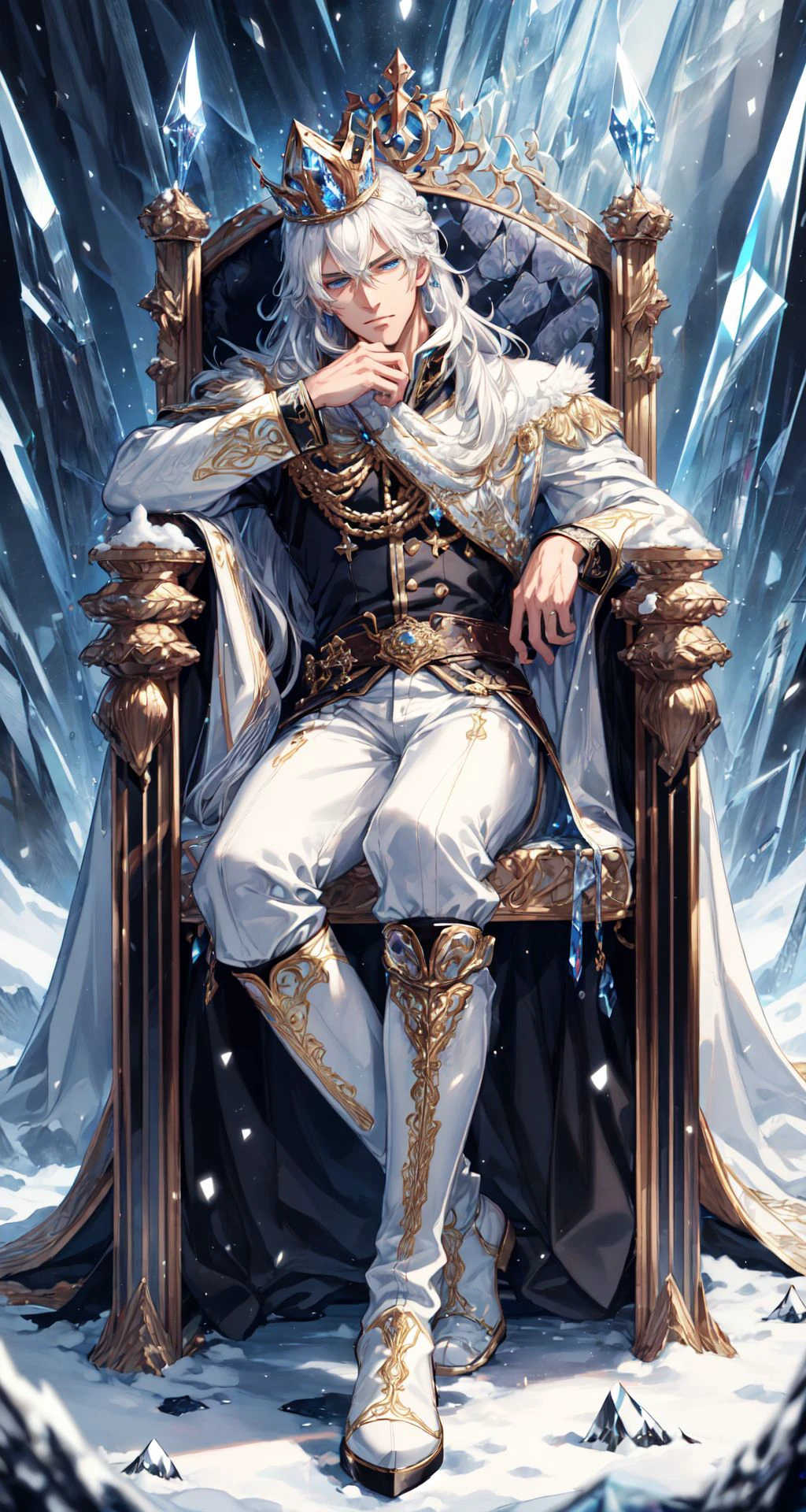 masterpiece,best quality,extremely detailed,intricate,1male,perfect handsome face,muscular male,detailed face,naughty face,blue eyes,eye reflection,looking at viewer,manly,long wave hair|white hair,crown,long black boots,prince costume,(shinning CRYSTALLINEAI<lyco:DecorationBundlev2:0.7> throne),<lyco:_GoodHands-beta2:0.8>,<lora:_Detail Tweaker:0.7>,dynamic pose,dramatic angle,cinematic lighting,surrounded by snow,