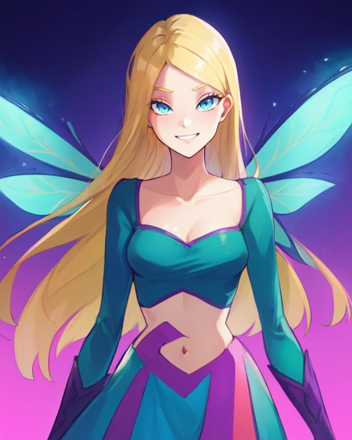 Cornelia, long blond hair, blue eyes,  solo,  smiling,  standing, upper body, 
Hale, striped pantyhose, long purple skirt, fairy wings, purple boots,  collarbone, long sleeves,  teal crop top,  
(insanely detailed, beautiful detailed face, masterpiece, best quality) cinematic lighting, <lora:CorneliaHale:0.7>