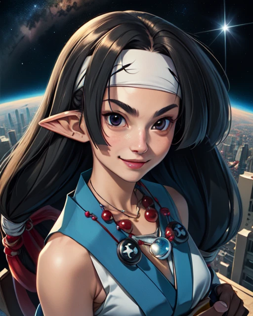 Yukimaru, black eyes, low-tied long hair , pointy ears, smiling, serious look,
YukGear,magatama necklace,fingerless gloves, headband,japanese clothes,
outerspace, japanese rooftop,
(insanely detailed, beautiful detailed face, masterpiece, best quality) cinematic lighting, <lora:Yukimaru-10:0.7>