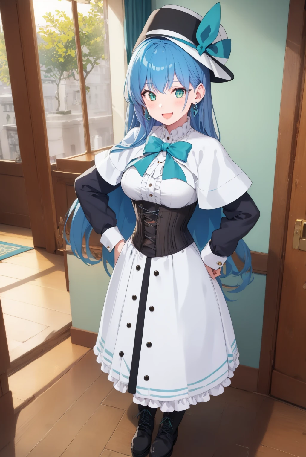 isabellaNorn,1girl,solo,((blue_hair)),(long_hair),((green_eyes))blush,smile,happy,:D,open_mouth,jewelry, earring,indoors,cafe,masterpiece,highly_detailed,medium_breasts,white_capelet,corset,upper body, hat,hat_bow,ribbon,long_sleeves,looking at viewer, boots,window,door,pantyhose,black footwear, white_dress,((hand on hip)), ((sitting)),
<lora:isabellaNornV5-1-000010:.8:OUTD>, <lora:GoodHands-vanilla:1:OUTD>, bare_hands