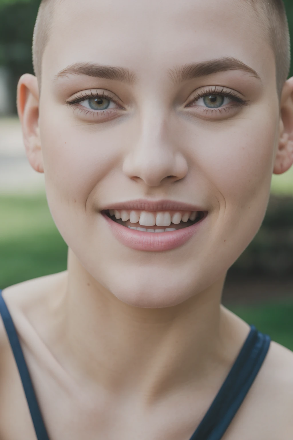 Raw Photo of 1Girl, Caucasian, Buzz Cut, Satin Dress, open mouth, smiling, heavy makeup, beautiful, detailed face, natural skin, 8k uhd, high quality, film grain, fujifilm XT3, Park,