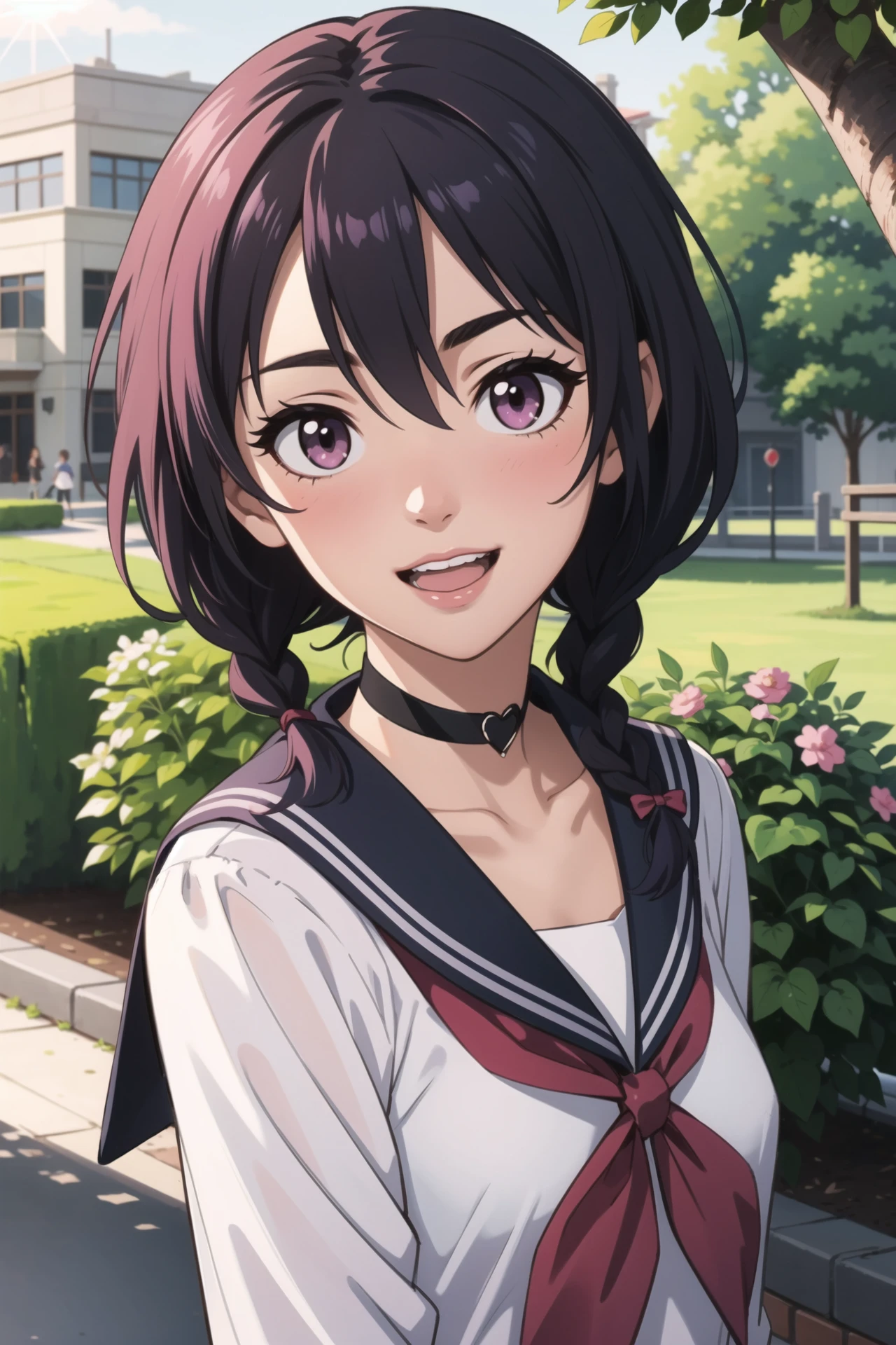 idolmaster_cinderella_girls,hair_flaps,black_shirt,hair_between_eyes,white_sailor_collar,sidelocks,shirt,koshimizu_sachiko,smile,short_hair,sunlight,light_blush,solo,idolmaster,purple_hair,open_mouth,highres,bow,collarbone,braid,kirarin369,sailor_collar,upper_body,hair_bow,plant,red_bow,outdoors,looking_at_viewer,day,pink_eyes,flower,1girl