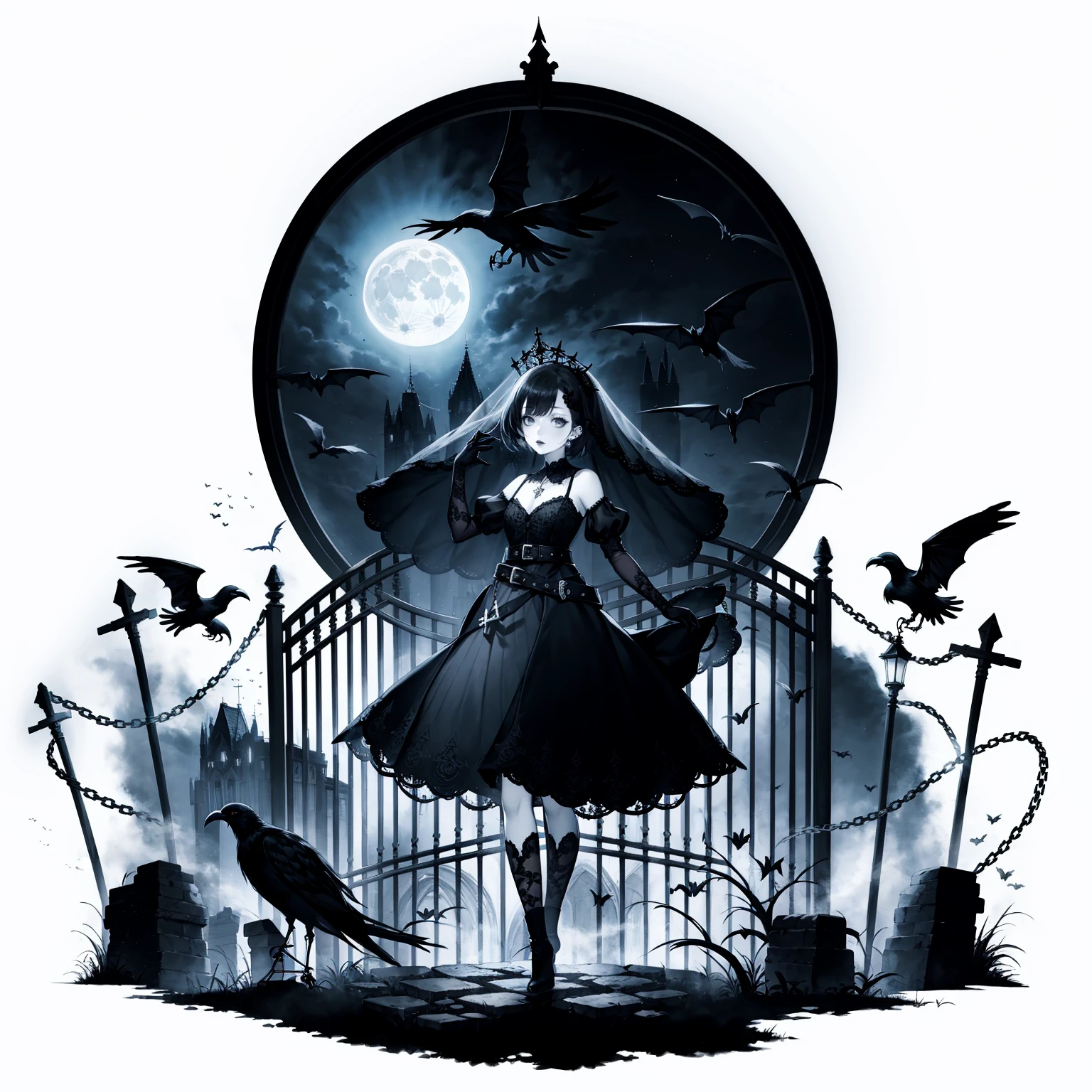 [(white background:1.15), ::2]1girl, solo, mid shot, full body, <lora:GachaSplashAlter_2:0.8> 
1girl, solo, gothic, watercolor, black dress, lace patterns, puffed sleeves, silver cross necklace, raven hair, bob cut, shoulder-length, black ribbon hair accessory, piercing blue eyes, wide and innocent eye shape, serene facial expression, petite figure, modest bust, knee-length black boots, moonlit castle backdrop, wrought iron gate, cobbled pathway, full moon, hanging lanterns, swirling mist, delicate spiderweb details, black lace gloves, silver bracelet with intricate filigree, dark lipstick, pale skin, subtle blush, gothic cathedral window in the background, candlelit atmosphere, black lace parasol, vintage key pendant, silver choker with a black gemstone, black lace stockings, moonlit roses, crow perched on a nearby branch, gloomy atmosphere, black lace veil, silver dagger tucked into the belt, moonlit silhouette of bats, ornate black velvet armchair, silver moon pendant, gloved hand holding a black rose, Gothic architecture, moonlit graveyard, small tombstone, shadowy figures lurking in the distance, hauntingly beautiful melody in the air, gothic arched doorway, mysterious aura, moonlit cobwebs, ethereal glow surrounding the girl, black lace fan, solitary figure gazing out into the night, black lace trim on the dress, pale moonlight illuminating her features.