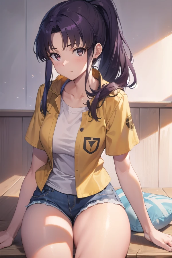 misatokatsuragi, <lora:misatokatsuragitest:1>,
misato katsuragi, long hair, (brown eyes:1.5), blue hair, purple hair, ponytail,
BREAK shirt, jacket, short sleeves, shorts, short shorts, bare legs, denim, denim shorts, yellow shirt,
BREAK looking at viewer,
BREAK indoors,
BREAK <lora:GoodHands-vanilla:1>, (masterpiece:1.2), best quality, high resolution, unity 8k wallpaper, (illustration:0.8), (beautiful detailed eyes:1.6), extremely detailed face, perfect lighting, extremely detailed CG, (perfect hands, perfect anatomy),