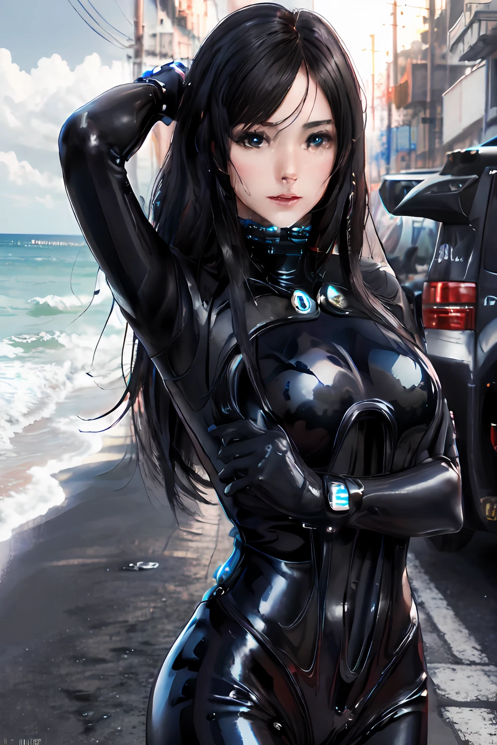 1girl, (masterpiece:1.3), highres, high quality, highres, ultra-detailed, best quality, (8k), (perfect face and eyes:1.2), (textured skin), (pixiv), (solo), latex, science fiction, black bodysuite, bodysuit, gantz, reika, large hair, black hair, large breasts, blue eyes, <lora:Reika-09:0.7>, (beach), night, tress, moon, (modeling pose:1.3), looking at viewer,