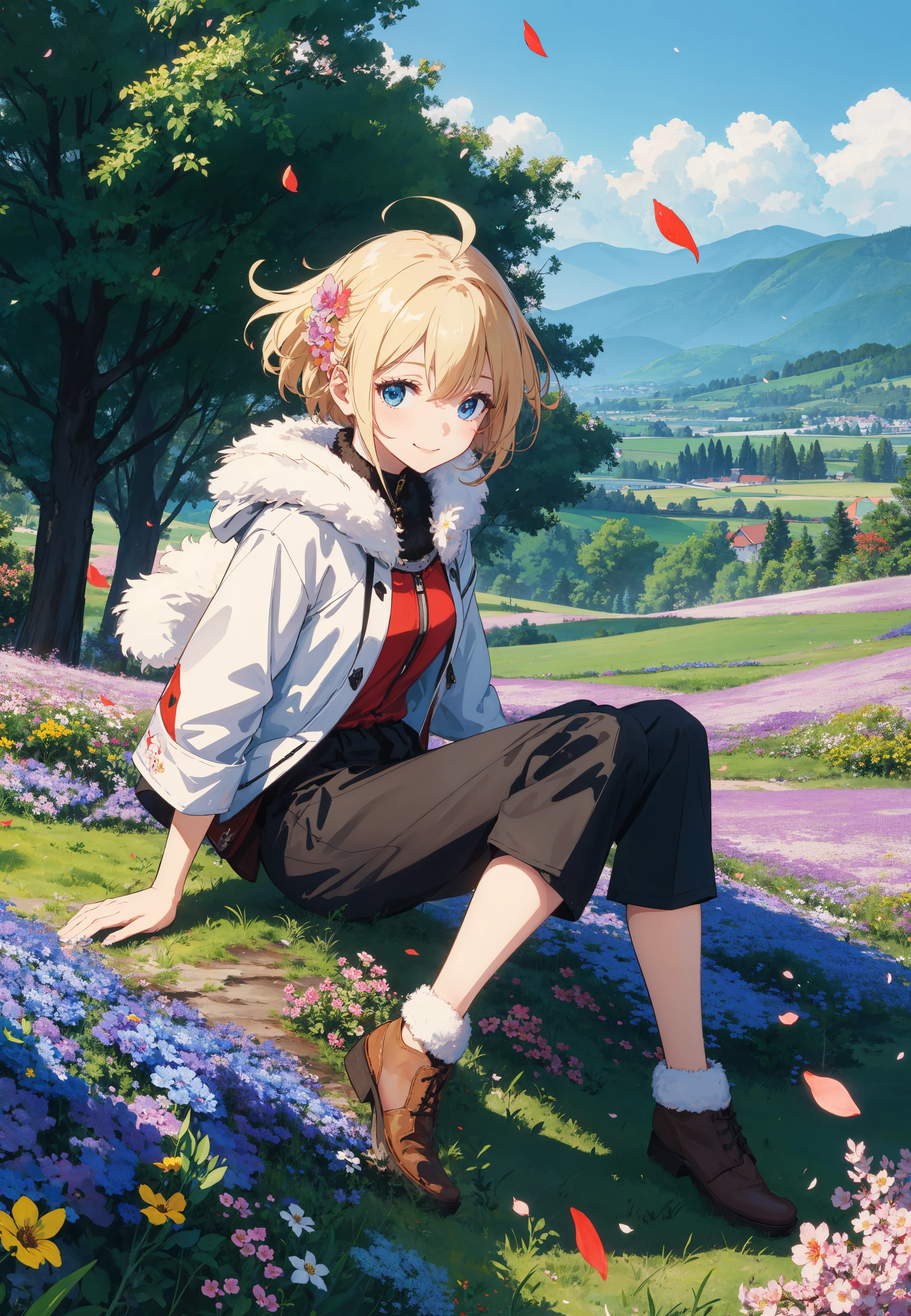 masterpiece, best quality,
1girl, sitting, ahoge, blonde hair, blue eyes, fur collar, fur trim, grass, short hair, smile, solo, trembling, full body,
sky, mountain, forest, (flower field:1.5), (falling petals:1.3),