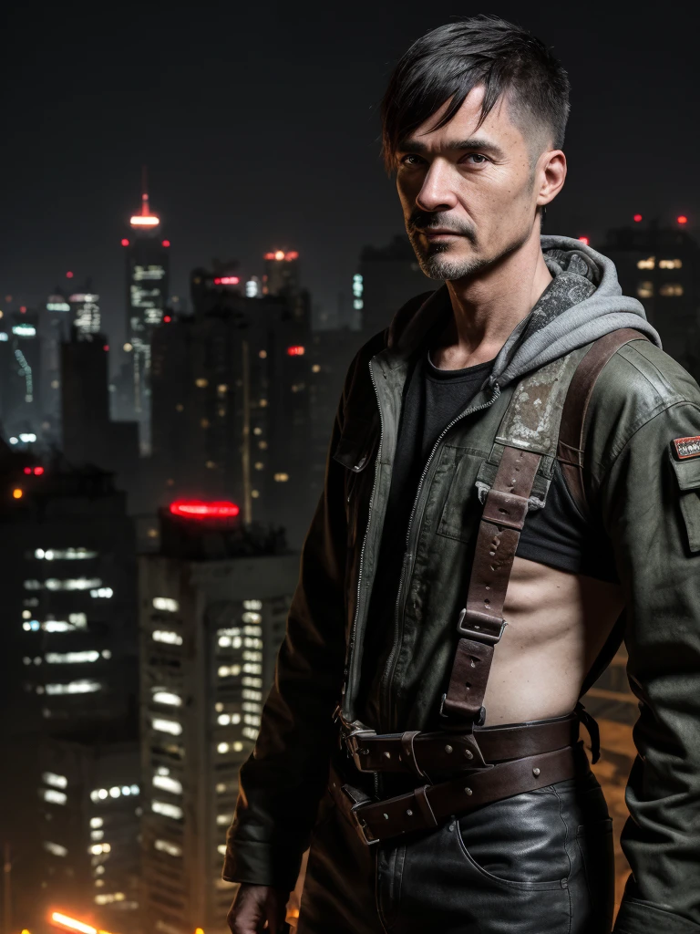 RAW photo, a close up portrait photo of brutal 45 y.o man in wastelander clothes, long haircut, pale skin, slim body, background is city ruins, (high detailed skin:1.2), 8k uhd, dslr, soft lighting, high quality