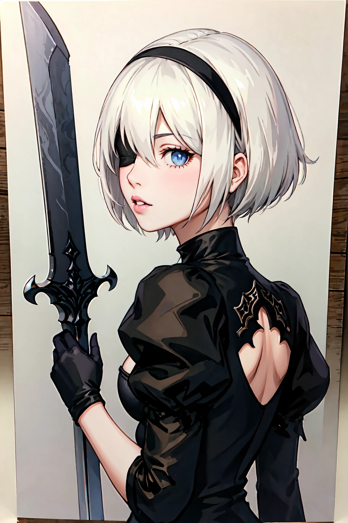 1girl, yorha no. 2 type b, solo, blue eyes, white hair, puffy sleeves, gloves, sword, black hairband, hairband, long sleeves, juliet sleeves, black dress, short hair, parted lips, looking at viewer, weapon on back, upper body, dress, black gloves, clothing cutout, blindfold, pink lips, medium breasts, cleavage cutout, huge breasts,(mature female:1.15),<lora:stanleylau-v1-naivae-final-6ep:0.7>