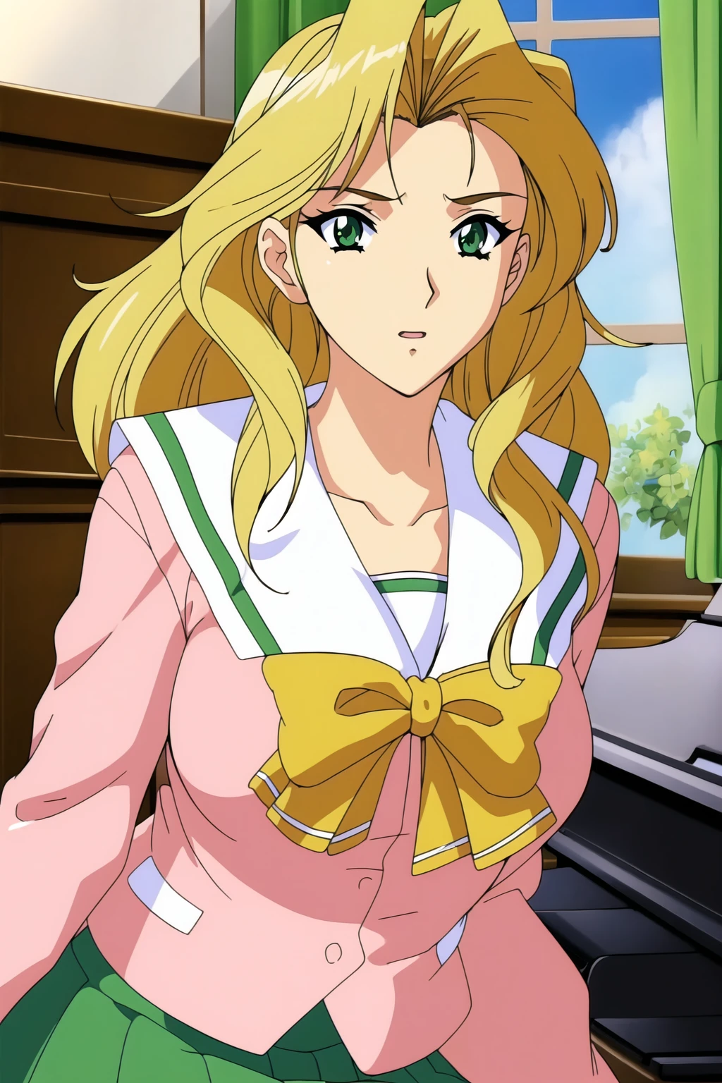 (day:1.7), in front of a piano in a room with a window and a piano in the background,
sitting at attention,
blurry, blurry background, blurry foreground,
(pink_jacket:1.1),(Green_pleated skirt),(sailor_collar), school_uniform, serafuku,long_sleeves,Yellow_bowtie,
<lora:Kaori_Maejima_Shuusaku-KK77-V3:0.7>,
blonde_hair,Long_hair,Green_eyes,
1 girl, 20yo,Young female,Beautiful Finger,Beautiful long legs,Beautiful body,Beautiful Nose,Beautiful character design, perfect eyes, perfect face,expressive eyes,
looking at viewer, (Upper_body),(Focus on her face),(light_smile:1.1),
official art,extremely detailed CG unity 8k wallpaper, perfect lighting,Colorful, Bright_Front_face_Lighting,shiny skin,
(masterpiece:1.0),(best_quality:1.0), ultra high res,4K,ultra-detailed,
photography, 8K, HDR, highres, absurdres:1.2, Kodak portra 400, film grain, blurry background, bokeh:1.2, lens flare, (vibrant_color:1.2)
(Beautiful,large_Breasts:1.5), (beautiful_face:1.5),(narrow_waist),