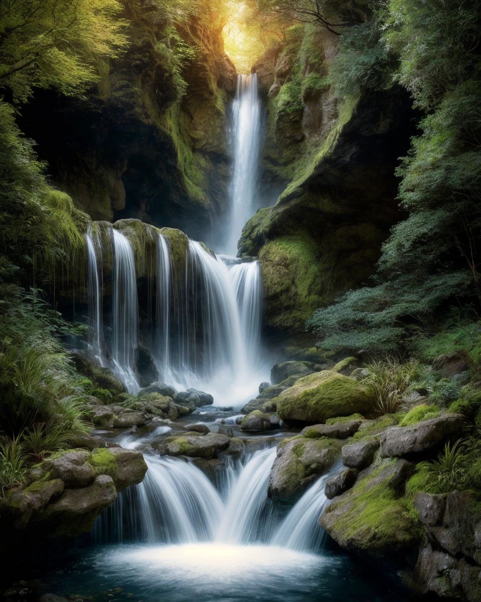 Hyper detailed photograph of a roaring waterfall, capturing the cascading water, intricate rock formations, and the power and beauty of nature., award winning realistic photograph by the world best landscape photographer, vivid fantasy colours, nikon, award winning, breathtaking, groundbreaking, superb, outstanding, lensculture landscape awards, photoshopped, dramatic lighting, 8 k, hi res