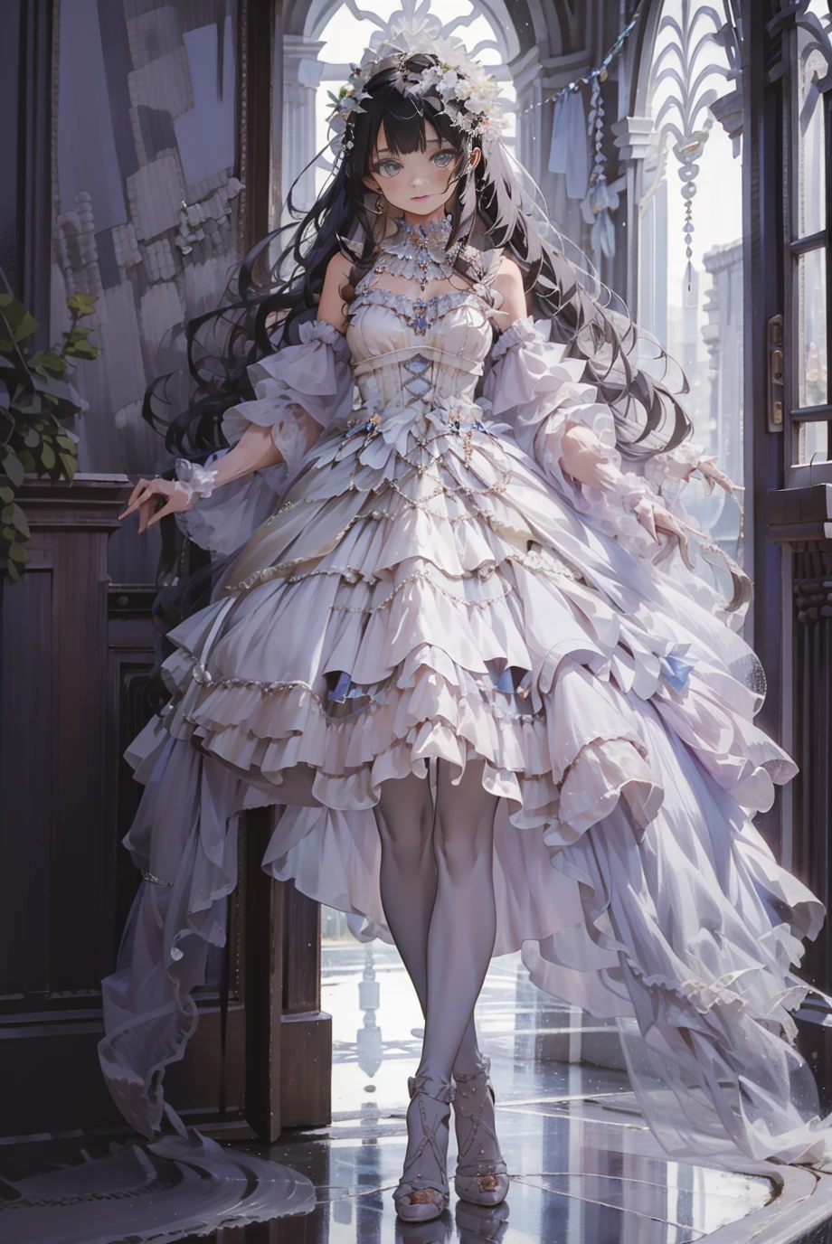 masterpiece, absurdres, incredibly absurdres, extremely detailed, best quality, lodress, white pantyhose,high heels, full body, 1girl, solo, slim, long black hair, expressionless, looking at viewer, detailed background, standing, indoors, palace, luxury decorations, sunshine, <lora:lo_dress_classic_style3_v1:0.7>