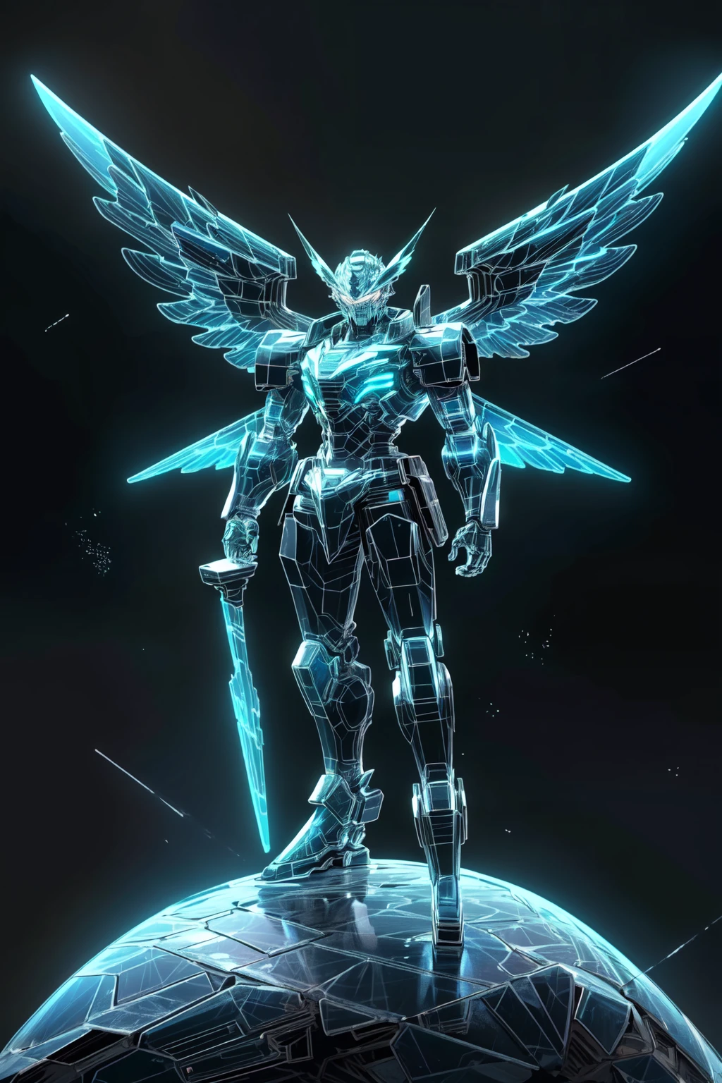 (masterpiece, best quality:1.3),extremely high detailed, intricate, 8k, HDR, wallpaper, cinematic lighting ,(universe), glowing, armor, glowing eyes, mecha, large wings <lora:HologramMecha:1>