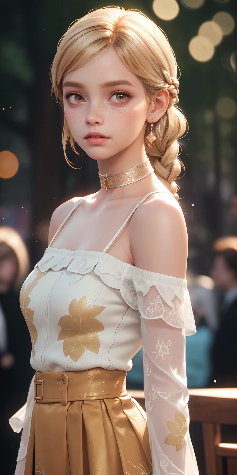 (masterpiece, best quality), 1girl, intricate details, print, earrings, freckles, upper body, bokeh, dappled sunlight, blonde, off shoulder, high-waist skirt, choker, looking at viewer, french braid, bangs, clothing cutout, glitter, particles, strap slip,