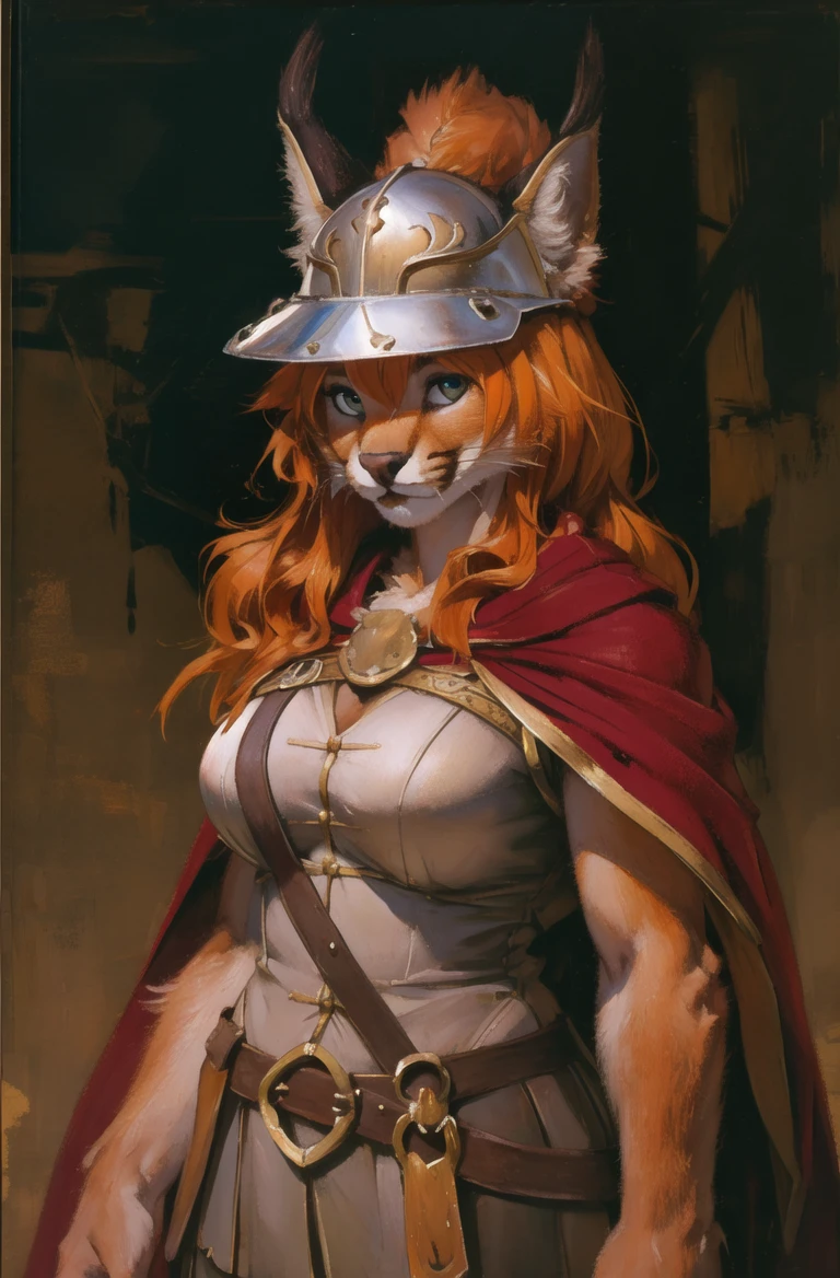 absurdres, highres, ultra detailed, masterpiece, cel shading,africa,cowboy shot
furry girl,caracal,long orange hair,shiny hair,(high detail fur:1.2),solo,,oil painting,traditional media
looking at viewer,female romanarmy warrior with helmet on and red cape
 <hypernet:furry_kemono:0.3><lora:Caracal:0.7> <lora:ankamaV2:0.3>  <lora:Oilpainting:0.5> <lora:ARWromanarmy:1>