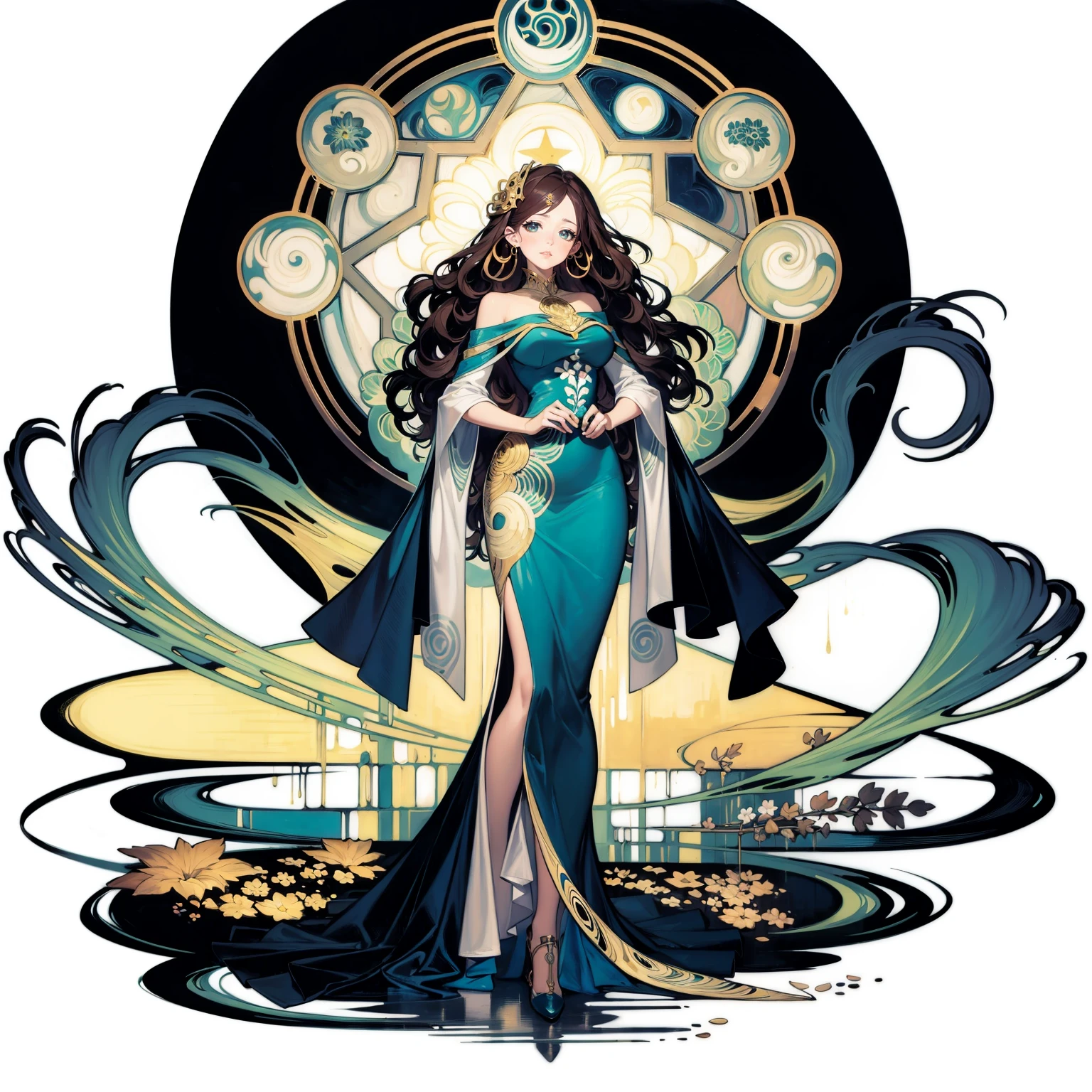 [(white background:1.15), ::2]1girl, solo, mid shot, full body, <lora:GachaSplashAlter_2:0.8> 
1girl, solo, modern art, abstract, Alphonse Mucha, oil painting, vibrant colors, flowing lines, asymmetrical composition, geometric shapes, gold accents, tall and slender, brunette hair, long flowing locks, loose waves, floral hairpin, mesmerizing emerald green eyes, almond-shaped eyes, serene expression, modest bust size, flowing gown, intricate patterns, reminiscent of Art Nouveau, swirling background, celestial motifs, moonlit night, ethereal glow, gentle brush strokes.
