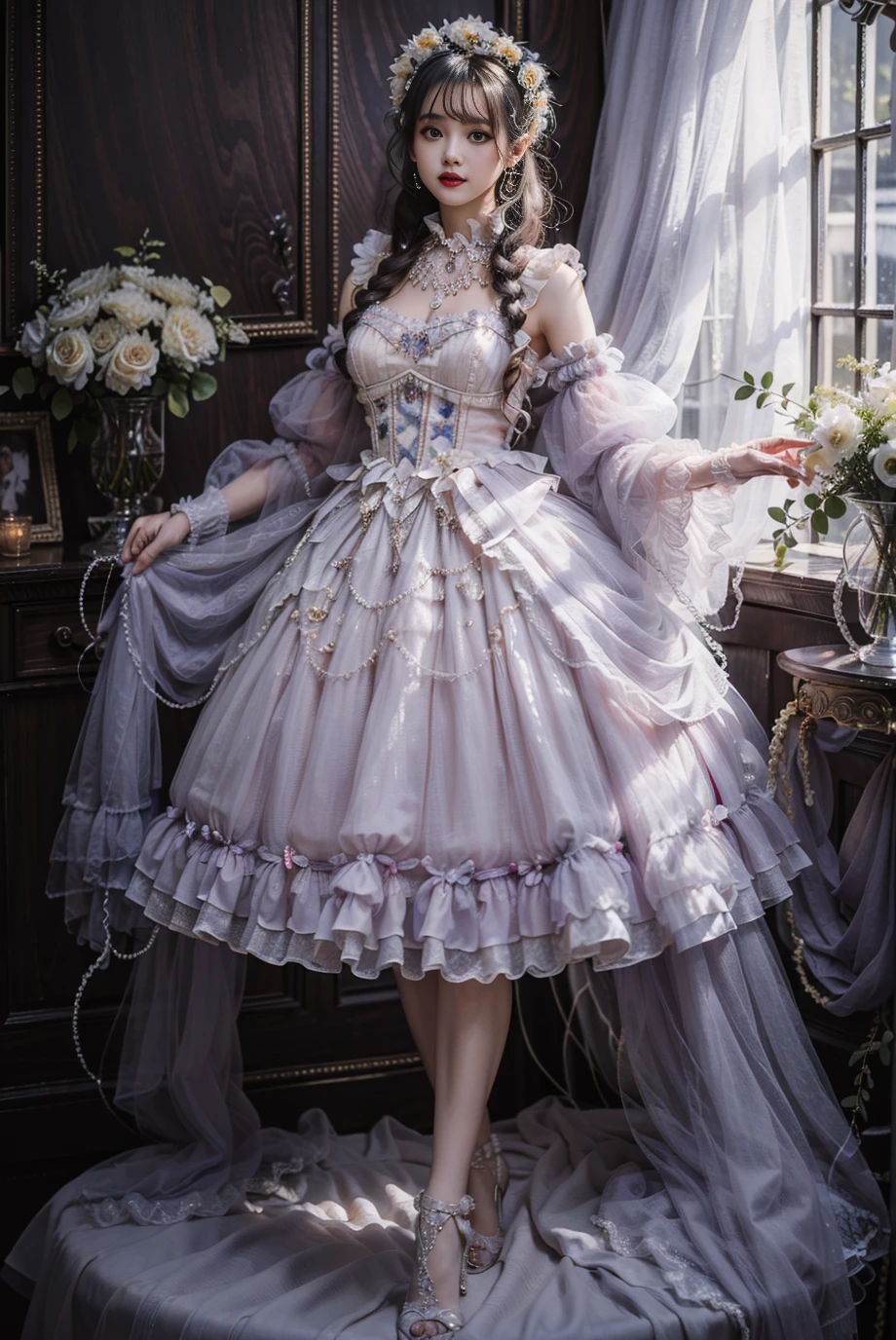realistic, photorealistic, masterpiece, absurdres, incredibly absurdres, extremely detailed, best quality, lodress, white pantyhose,high heels, full body, 1girl, solo, slim, long black hair, expressionless, looking at viewer, detailed background, standing, indoors, palace, luxury decorations, sunshine, <lora:lo_dress_classic_style3_v1:0.7>