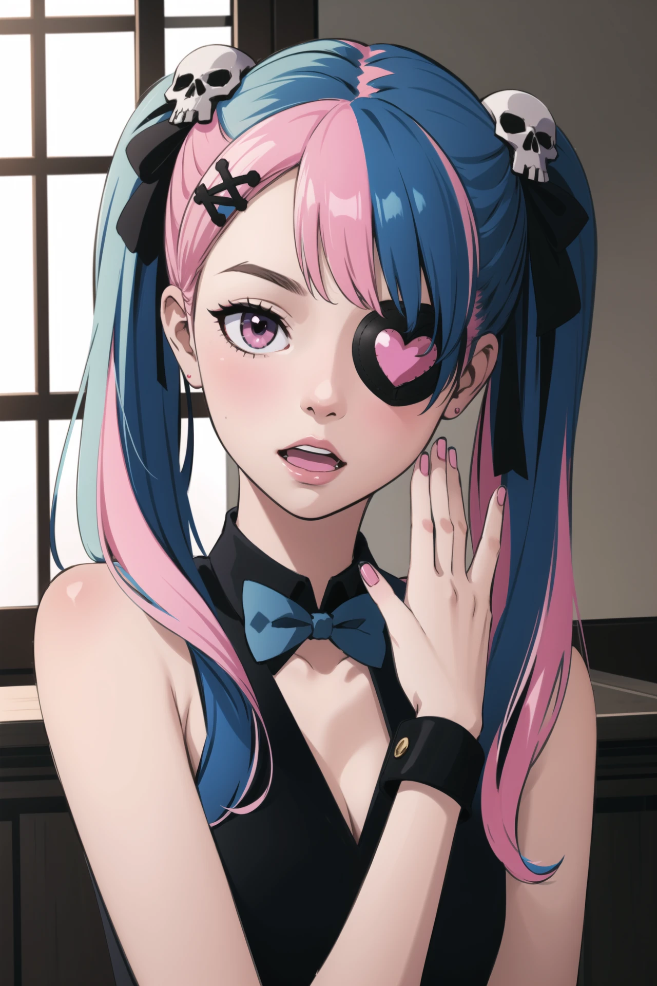 detailed_background,indoors,(limited_palette:1.2),wrist_cuffs,multicolored_hair,rabbit_hair_ornament,38_(sanjuuhachi),twintails,highres,x_hair_ornament,solo,skull_hair_ornament,nail_polish,blue_hair,streaked_hair,eyepatch,bow,hair_bow,pink_eyes,open_mouth,heart_eyepatch,heart,1girl,pink_hair,hair_ornament