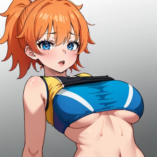 masterpiece, best quality, 1girl, sports_bikini, sports_bra, orange_hair, blue_eyes, gradient_hair, breasts_apart, <lora:BreastsApartV1-000090:1.0>, BreastsApart, taut_clothes, deep_skin, skindentation, bursting_breasts, bandeau, breast_lift, lifted_by_self,