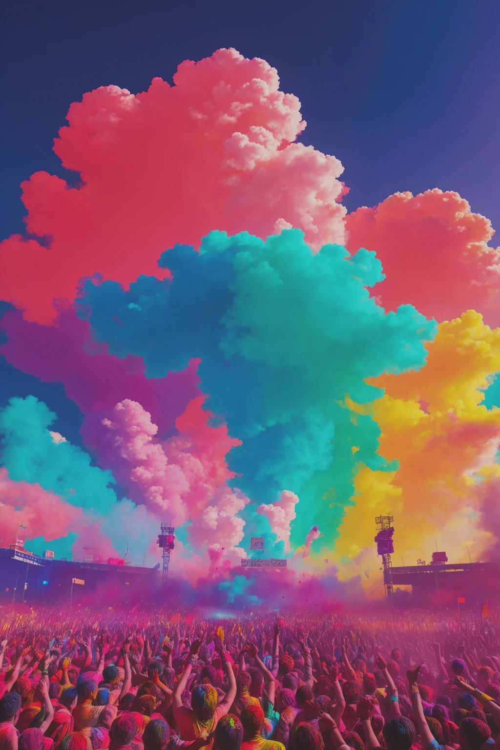 Holi Festival in the Clouds with a big color explosion. Neon Playtoon Style, red backdrop, Artstation, Cinematic Lighting