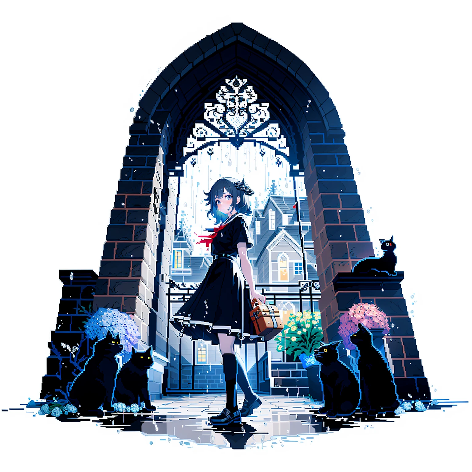 [(white background:1.15), ::2]1girl, solo, mid shot, full body, <lora:GachaSplashAlter_2:0.8> 
(pixel art:1.2), an old gothic house, cobblestone road, vignettes, bats, a school girl, black cat, film grain, blue tone, hydrangea, brick wall, (masterpiece:1.5), (best quality:1.2), (beautiful background:1.2), detailed background, (rain:1.2)