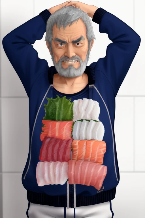 <lora:sashimiv5:0.6>, blue_T_tracksuit, mature beard thin old man, BREAK, yellow_towel on neck, (sushi_armor:1.1), evil grin, isaku, shuusaku, kisaku
