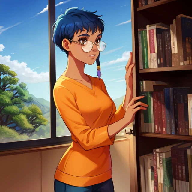 Taranee, short blue hair lock, glasses, brown eyes, orange casual clothes, library, cowboy shot, solo, standing,
window, trees, sky (insanely detailed, beautiful detailed face, masterpiece, best quality) <lora:TaraneeCook-10:0.7>
mature,