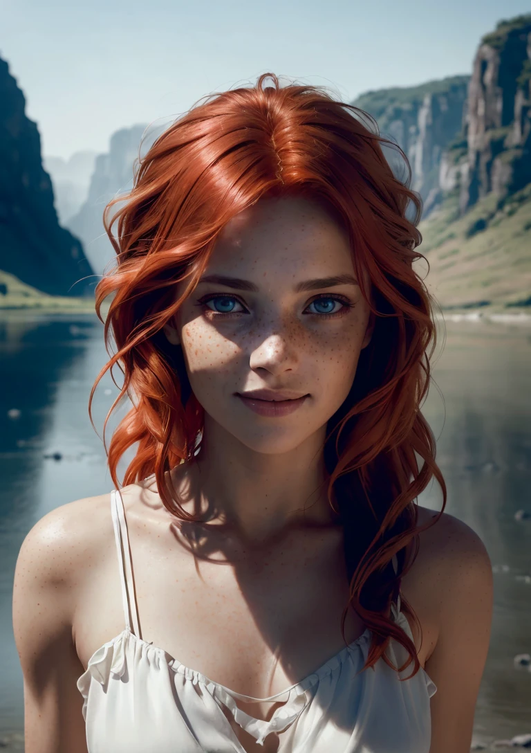 model shoot style, (upper body) (close portrait:1.4) of a girl, (1girl:1.4), (smile:1.2, redhead, freckles, long hair:1.4), (white dress:1.3, landscape in the background:1.5), ((beautiful face: 1.7, perfect face:1.5)), (best quality:1.5, hyperrealistic:1.5, photorealistic:1.4, Madly detailed CG unity 8k wallpaper:1.5, masterpiece:1.3, Madly detailed photo:1.2), (hyper-realistic lifelike texture:1.4, realistic eyes:1.2), (octane render, unreal engine 5), (ecstasy of light and shadow:1.5, deep shadow:1.5), (sony a7, 50 mm, film grain:1.5, 4K UHD HDR), (photo by lee jeffries, Greg Rutkowski and Magali Villanueva)