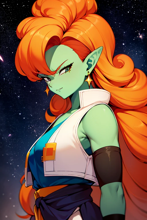 ((masterpiece,best quality)), absurdres,
<lora:Zangya_DB:0.7>, Zangya_DB, solo, 1girl, green skin, long orange hair, vest, sash, black arm warmers,
upper body,
detailed face, smug,
space and stars in background, cinematic composition,