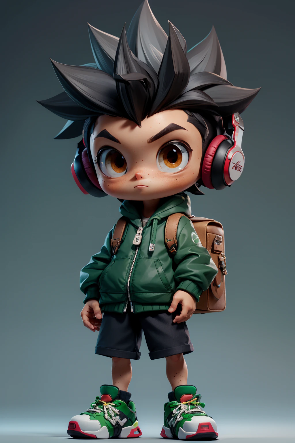 masterpiece, best quality, 8k, cinematic light, ultra high res, chibi, 1boy, shorts, black hair, headphones, bag, spiked hair, green jacket, shoes, brown eyes, (full body:1.2), freckles, standing, <lora:chibi_04:1:TEST>