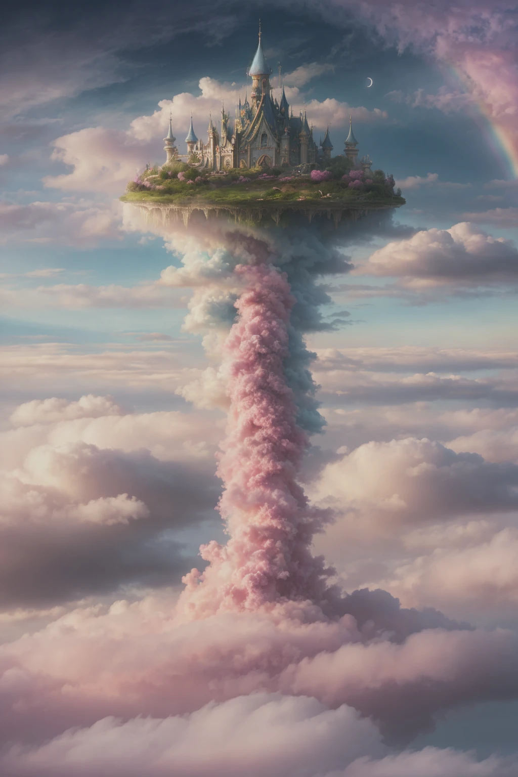 a surreal view of clouds, by Tom Froud, surreal art contest winner, dreamlike, pink clouds, rainbow skies, fluffy, whimsical, abstract clouds, fantasy, dreamworld, surreal landscapes, cloud castles, floating gardens, impossible structures, secret gardens, a journey through a dream, enchanted skies, mysterious beauty, mythical creatures
