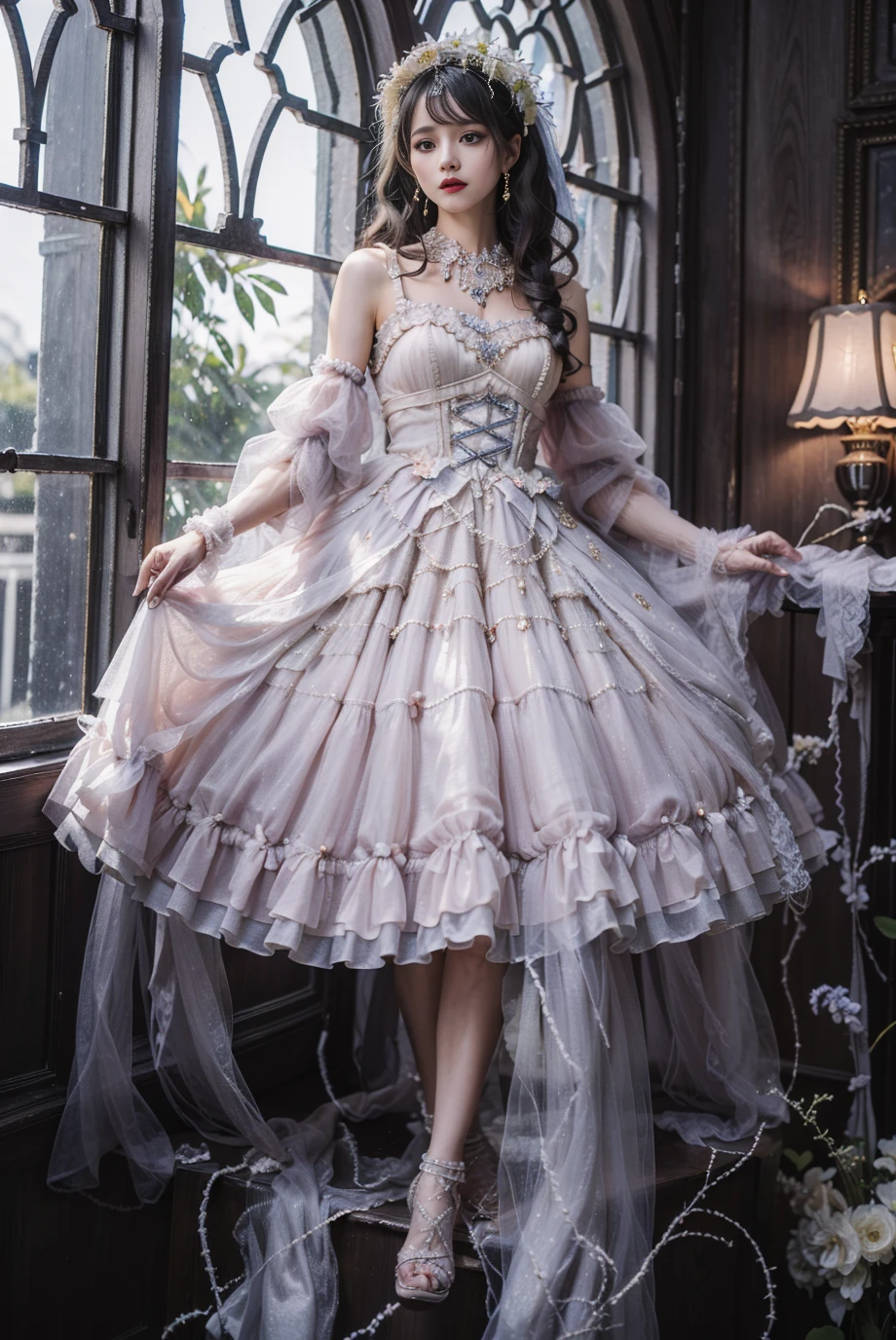 realistic, photorealistic, masterpiece, absurdres, incredibly absurdres, extremely detailed, best quality, lodress, white pantyhose,high heels, full body, 1girl, solo, slim, long black hair, expressionless, looking at viewer, detailed background, standing, indoors, palace, luxury decorations, sunshine, <lora:lo_dress_classic_style3_v1:0.7>
