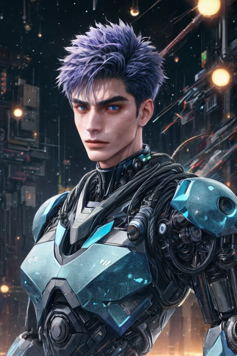 (Absurdres, Absurd Amount of Details, Intricate Details, Masterpiece, Best Quality, High Resolution, 8k), (1man), (male:1.2), boyish face, finely detailed eyes and face, lean body, rugged yet refined appearance, fair complexion with boy-next-door charm, bisque skin, peach crew cut hair, dark gray eyes, lavish details, <lora:GlowingRunesAIv4:0.6>, GlowingRunesAI_red, glowing runes, leaning against a railing with one hand on hip, finely detailed background, Depth of Field, VFX
