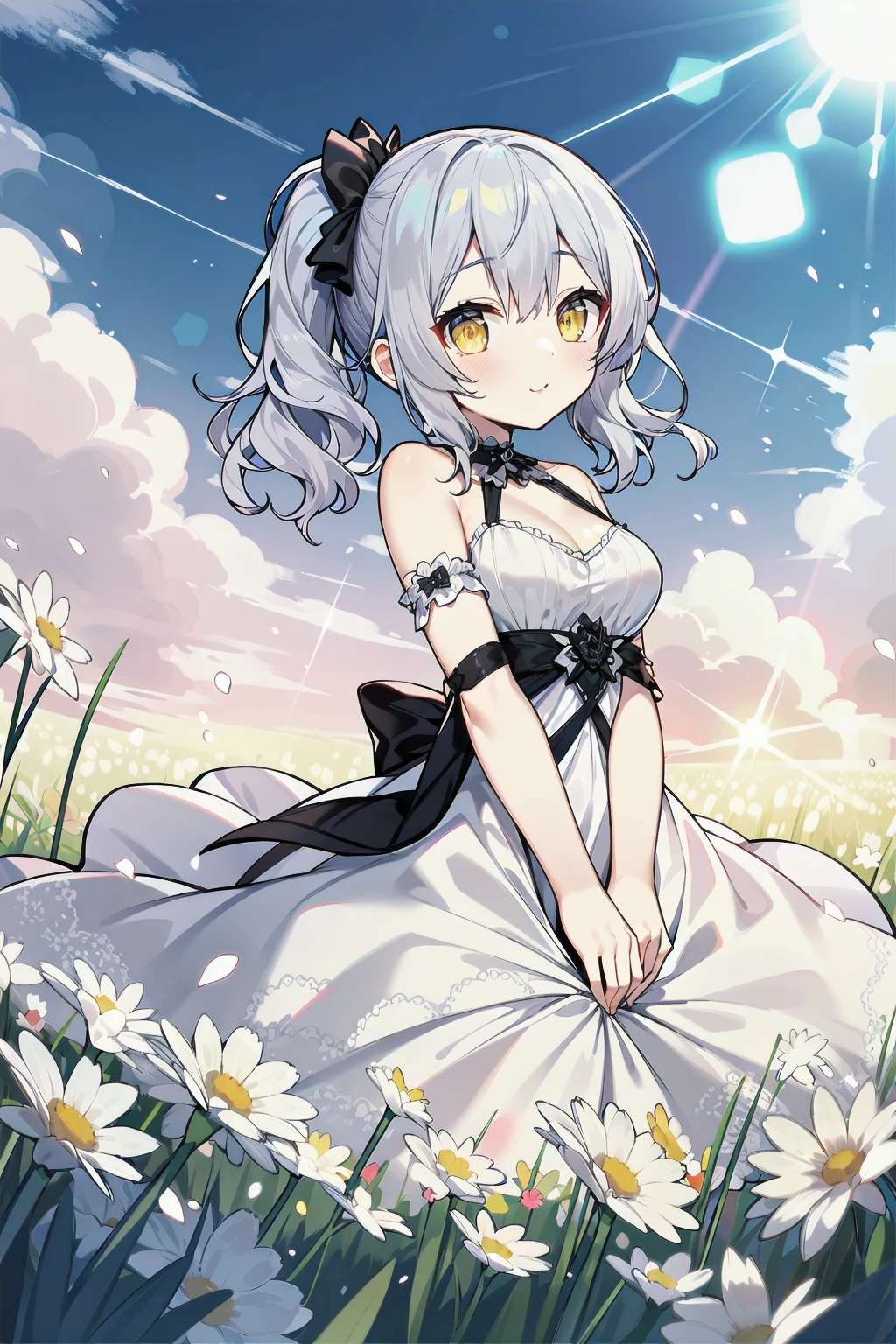 masterpiece, best quality, cute, petite,
medium hair, silver hair, yellow eyes, wavy hair, side ponytail, medium breasts, dress, gothic, 
field, sun, cloud, lens flare,
