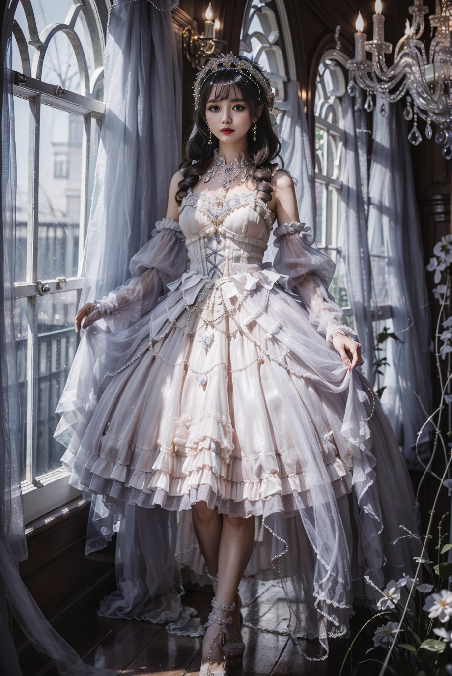 realistic, photorealistic, masterpiece, absurdres, incredibly absurdres, extremely detailed, best quality, lodress, white pantyhose,high heels, full body, 1girl, solo, slim, long black hair, expressionless, looking at viewer, detailed background, standing, indoors, palace, luxury decorations, sunshine, <lora:lo_dress_classic_style3_v1:0.7>