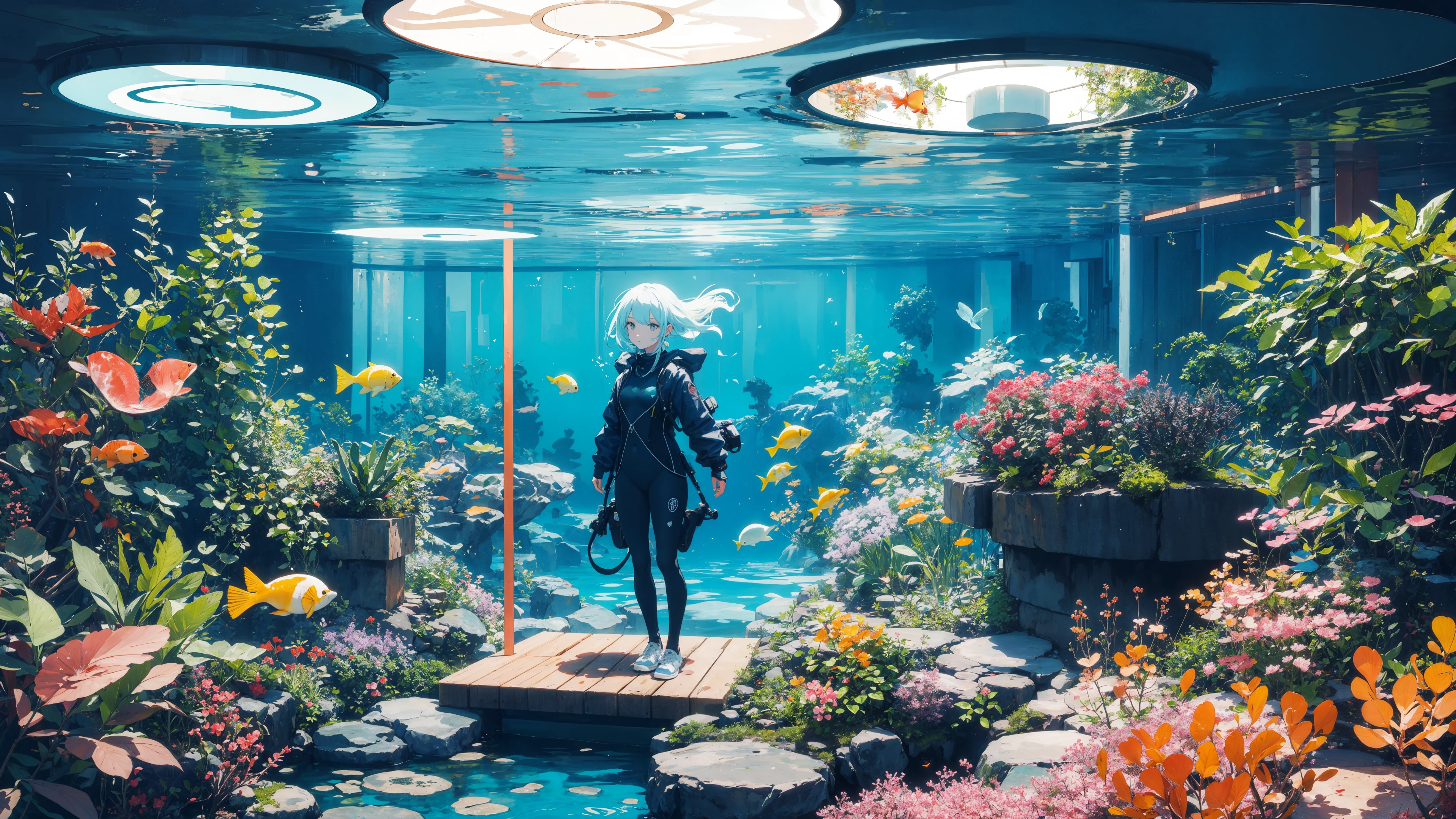 1girl, colorful dive suit, under water garden, bioluminescent, tropical fish, sea plants, vibrant colors, neon lighting,