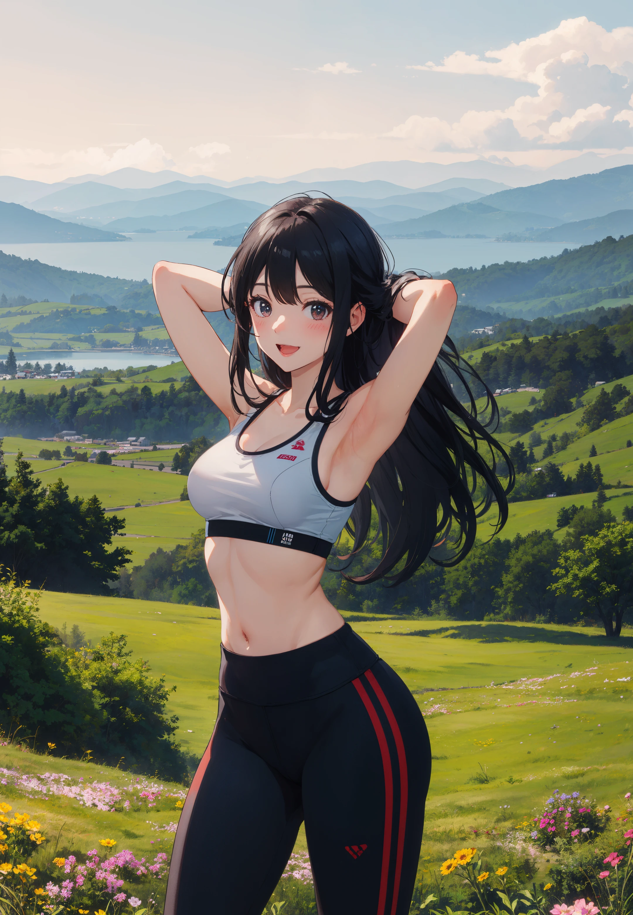masterpiece, best quality, smile, blush, arms behind head,
1girl, sports bra, yoga pants, field, grass, horizon, long hair, mountainous horizon, ocean, open mouth, outdoors, sky, smile, solo, standing,
day, sky, mountain, forest, flower field, petals,