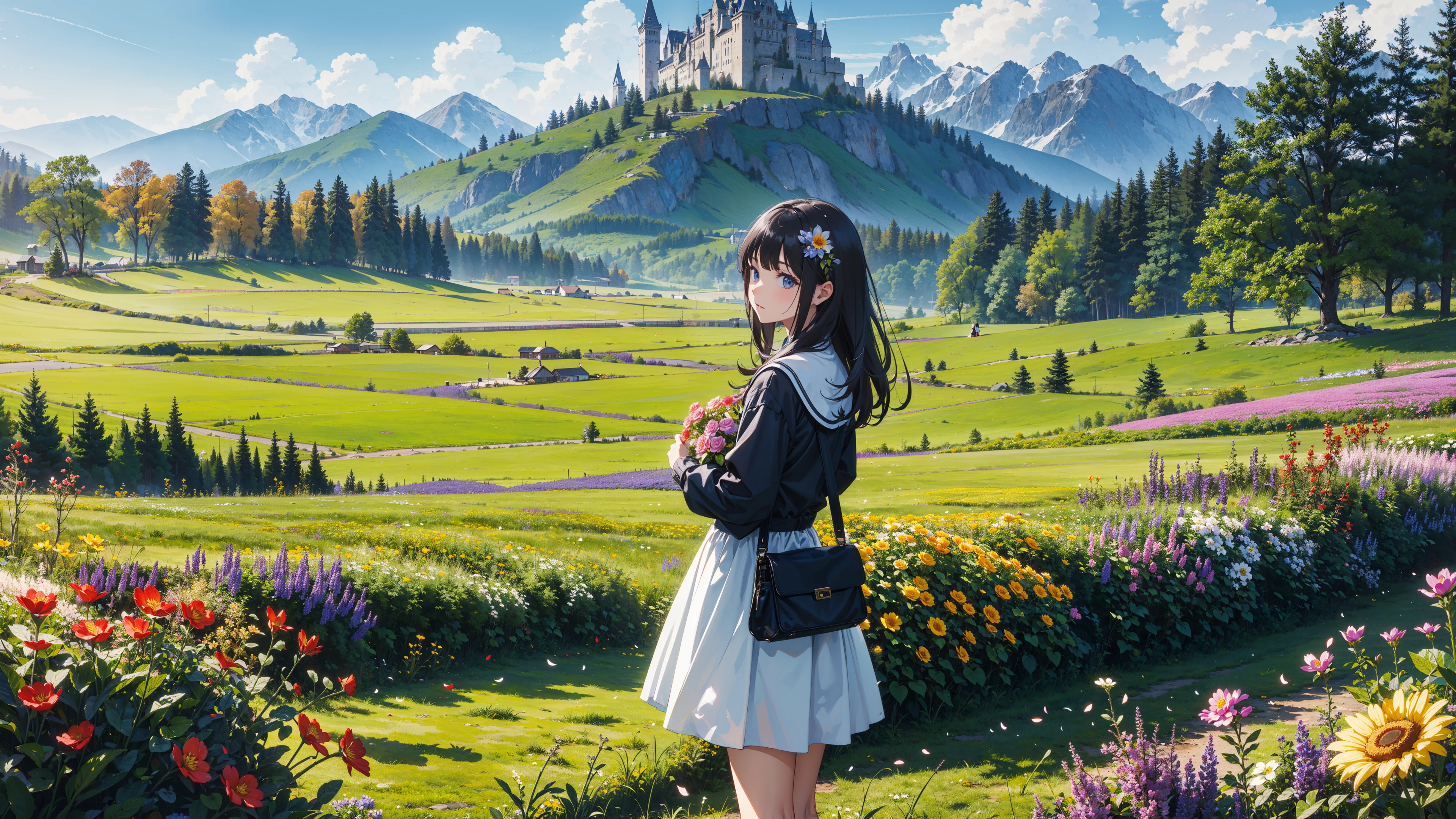 flatlands, mountain, (castle:1.1), grass, (flower field:1.3), 1girl,