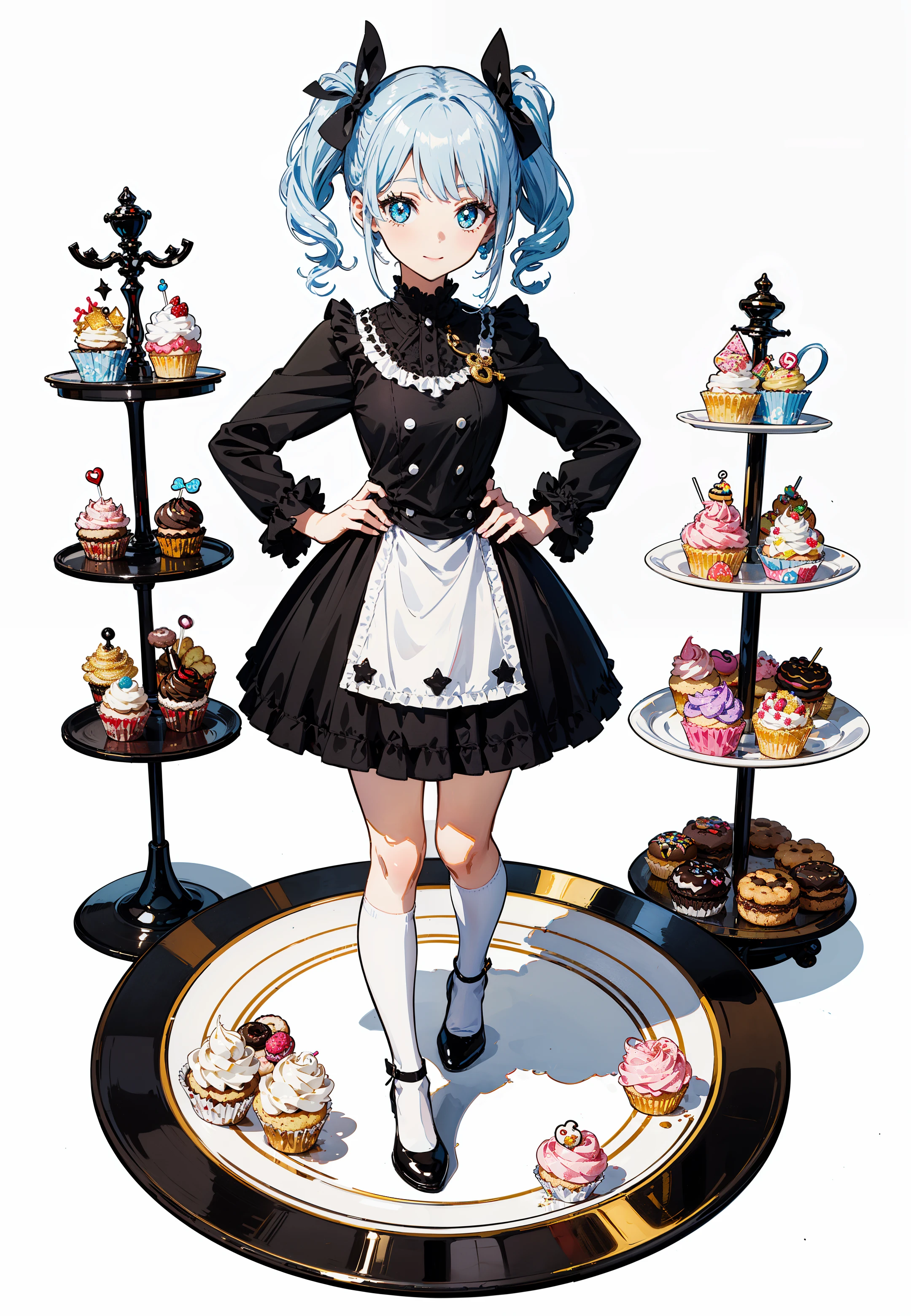 masterpiece, best quality, official art, hands on hips, 
1girl, happy, solo, full body, (standing on mini base:1.2), (white background, simple background:1.5), floating, surround of cakes and macaroon and doughnut and fluit and toys, teaset, (sparkle:1.1), (holding a lollipop), (cupcakes bigger than the character:1.2), girl on a plate , eyelashes